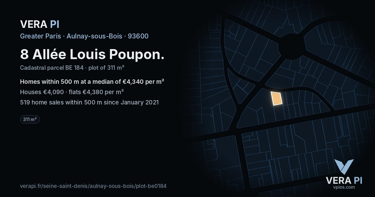 8 Allée Louis Poupon, Aulnay-sous-Bois at night – the plot lit, the parcels around coloured by the prices near them