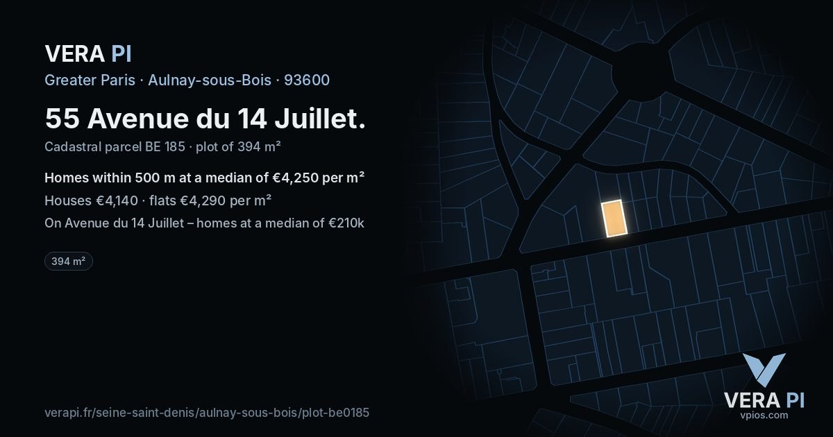 55 Avenue du 14 Juillet, Aulnay-sous-Bois at night – the plot lit, the parcels around coloured by the prices near them