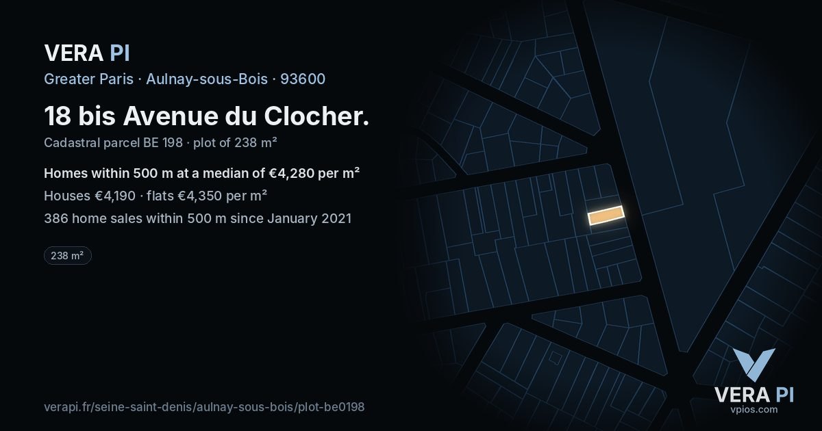 18 bis Avenue du Clocher, Aulnay-sous-Bois at night – the plot lit, the parcels around coloured by the prices near them