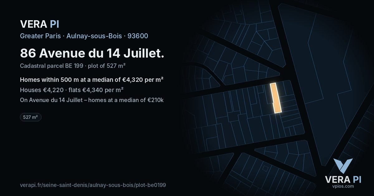 86 Avenue du 14 Juillet, Aulnay-sous-Bois at night – the plot lit, the parcels around coloured by the prices near them