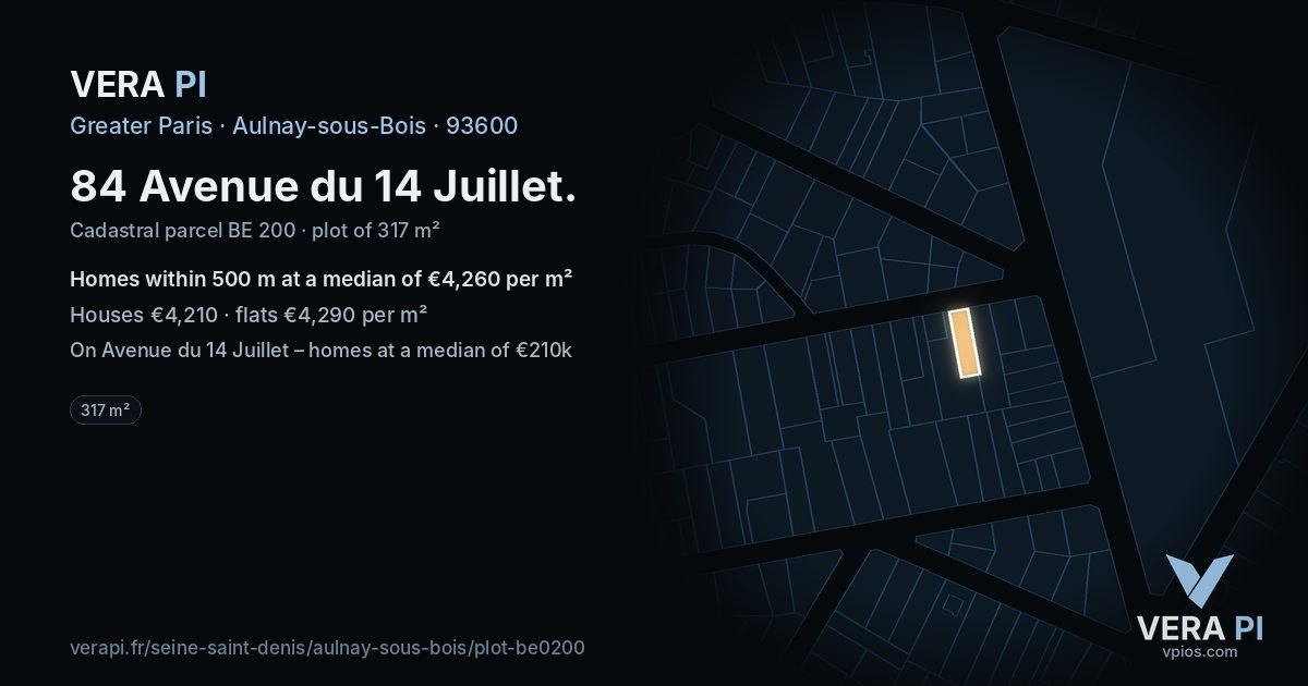 84 Avenue du 14 Juillet, Aulnay-sous-Bois at night – the plot lit, the parcels around coloured by the prices near them