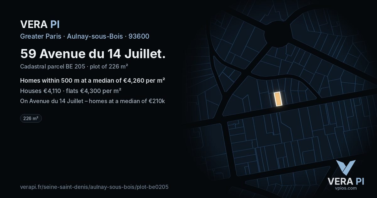 59 Avenue du 14 Juillet, Aulnay-sous-Bois at night – the plot lit, the parcels around coloured by the prices near them