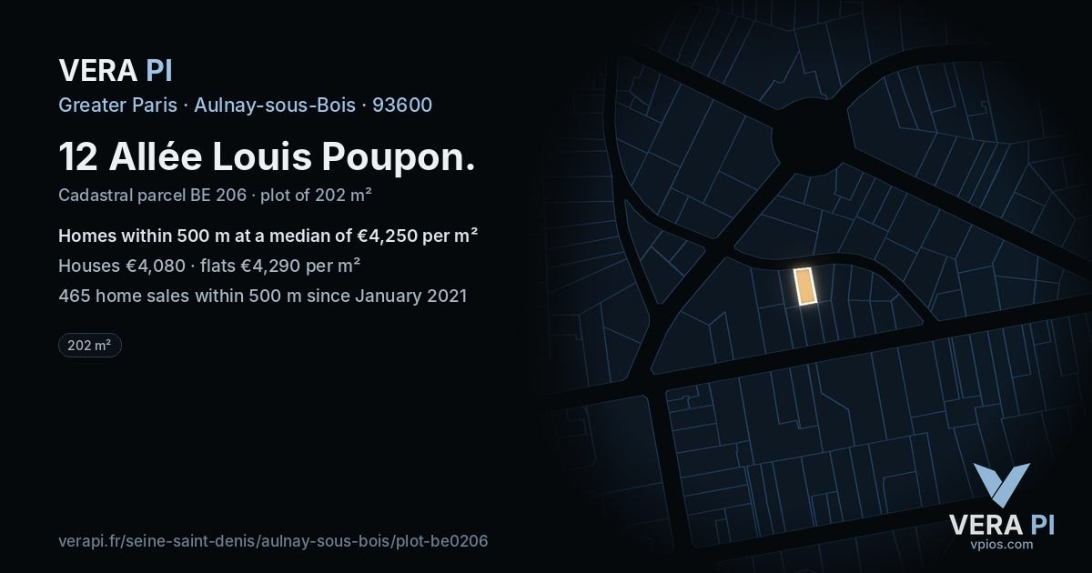 12 Allée Louis Poupon, Aulnay-sous-Bois at night – the plot lit, the parcels around coloured by the prices near them