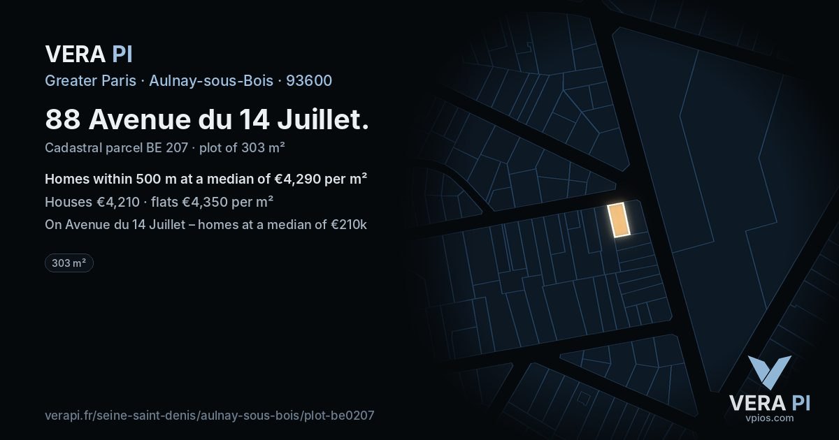 88 Avenue du 14 Juillet, Aulnay-sous-Bois at night – the plot lit, the parcels around coloured by the prices near them