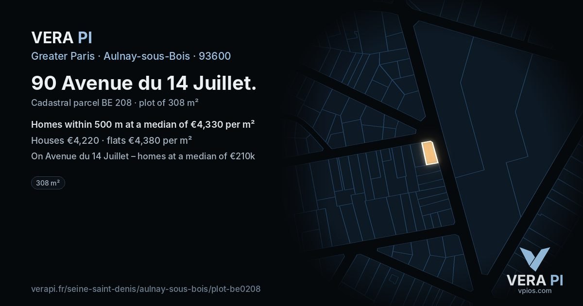 90 Avenue du 14 Juillet, Aulnay-sous-Bois at night – the plot lit, the parcels around coloured by the prices near them