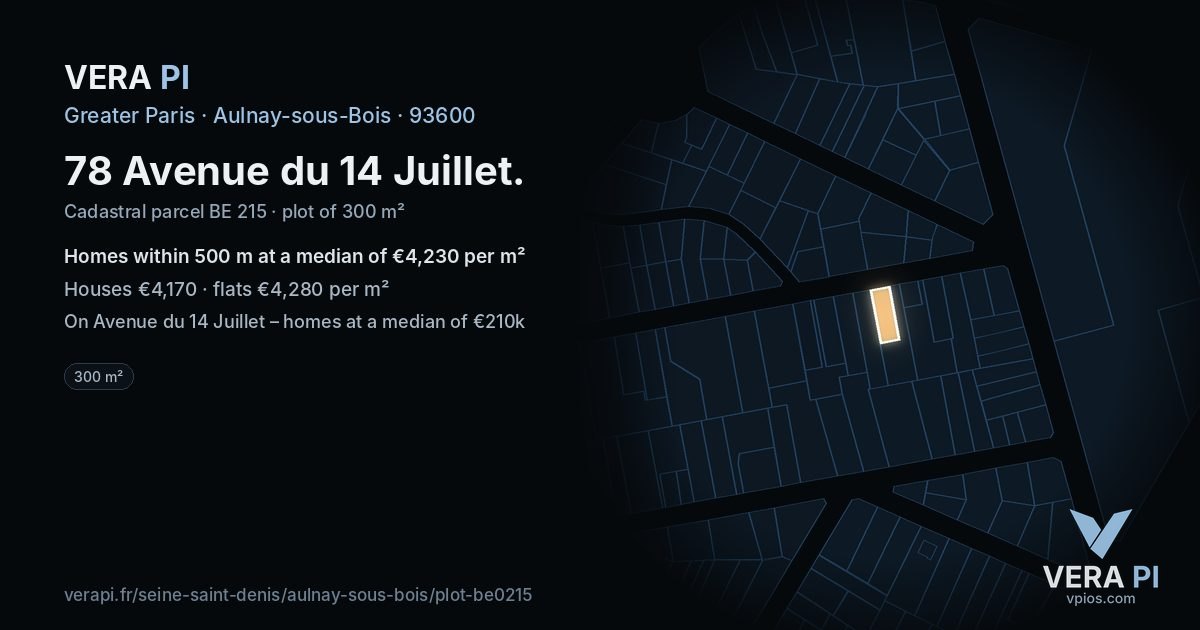 78 Avenue du 14 Juillet, Aulnay-sous-Bois at night – the plot lit, the parcels around coloured by the prices near them