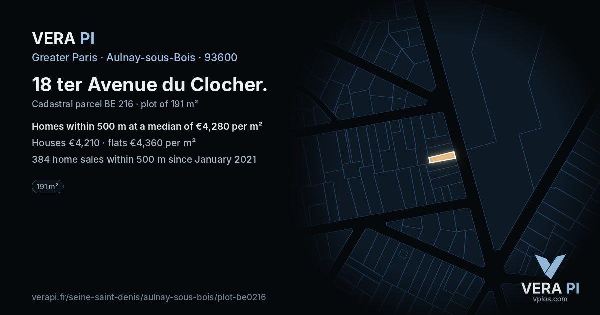 18 ter Avenue du Clocher, Aulnay-sous-Bois at night – the plot lit, the parcels around coloured by the prices near them