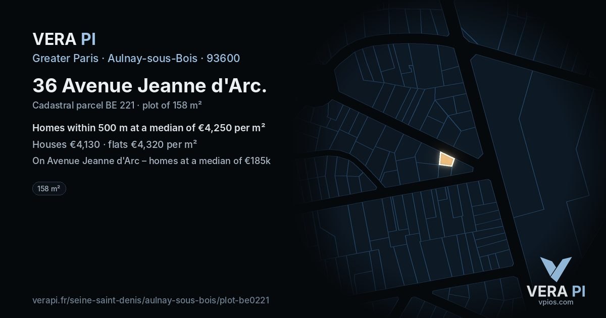 36 Avenue Jeanne d'Arc, Aulnay-sous-Bois at night – the plot lit, the parcels around coloured by the prices near them
