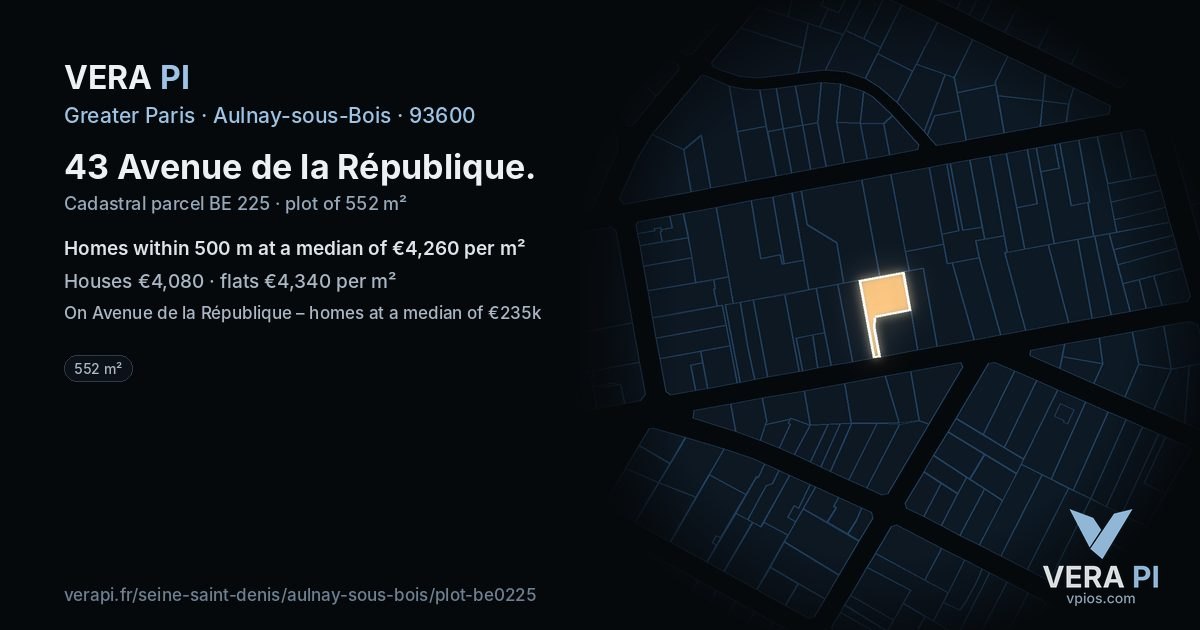 43 Avenue de la République, Aulnay-sous-Bois at night – the plot lit, the parcels around coloured by the prices near them