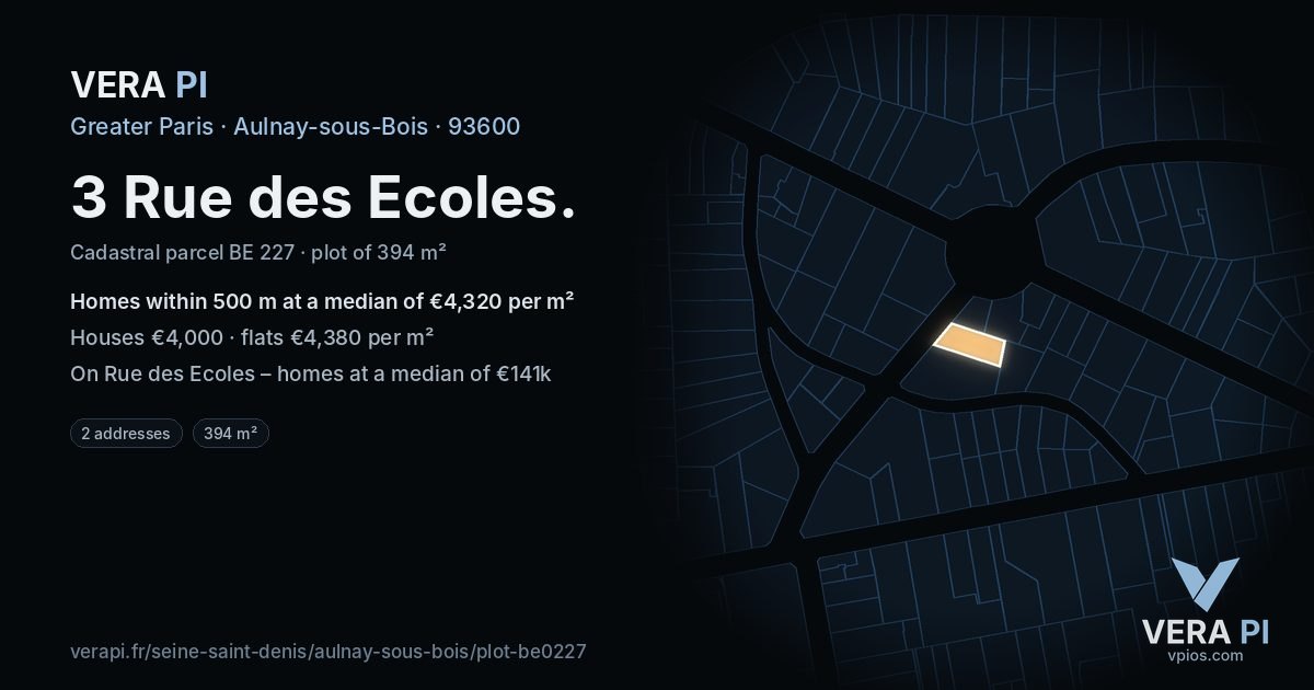 3 Rue des Ecoles, Aulnay-sous-Bois at night – the plot lit, the parcels around coloured by the prices near them