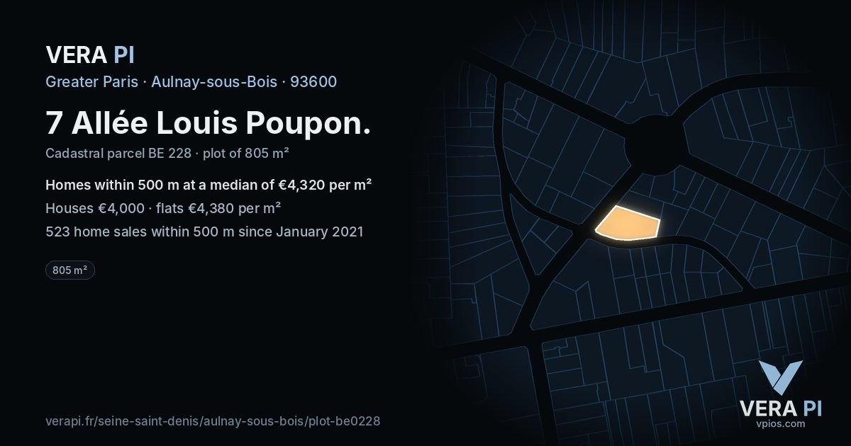 7 Allée Louis Poupon, Aulnay-sous-Bois at night – the plot lit, the parcels around coloured by the prices near them