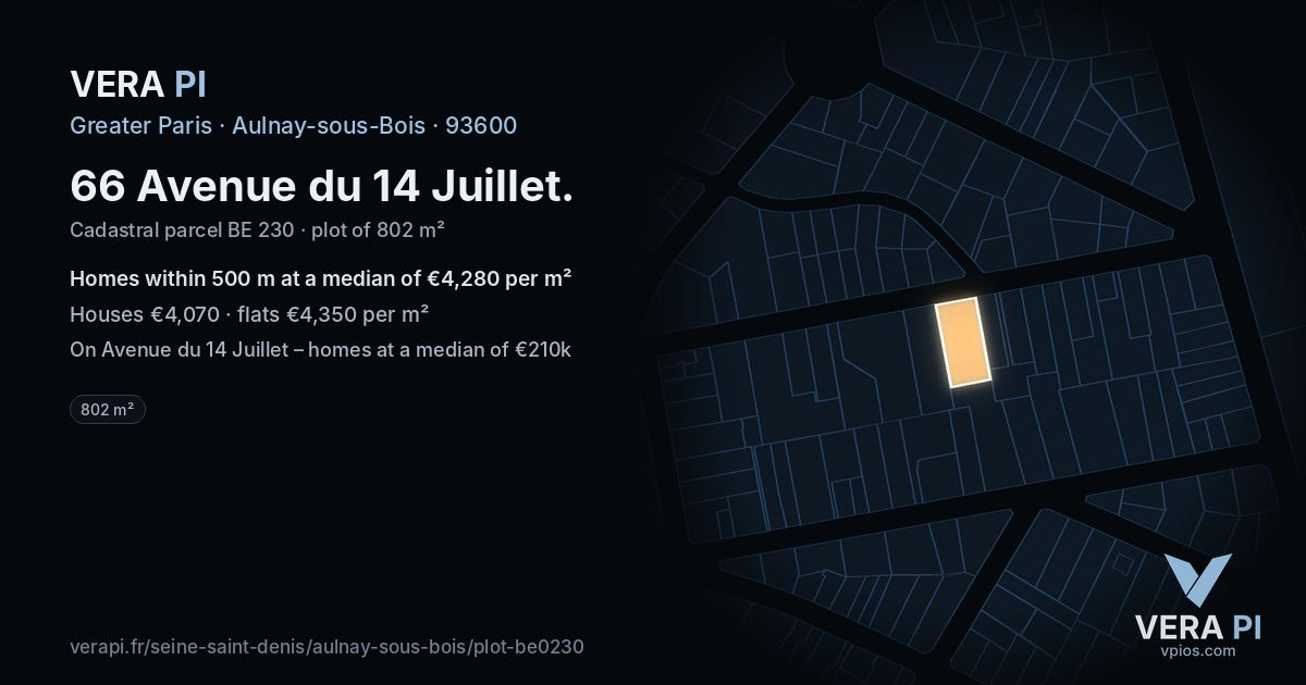 66 Avenue du 14 Juillet, Aulnay-sous-Bois at night – the plot lit, the parcels around coloured by the prices near them