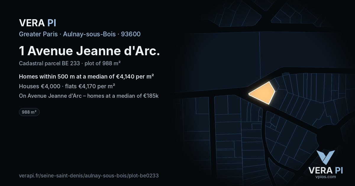 1 Avenue Jeanne d'Arc, Aulnay-sous-Bois at night – the plot lit, the parcels around coloured by the prices near them