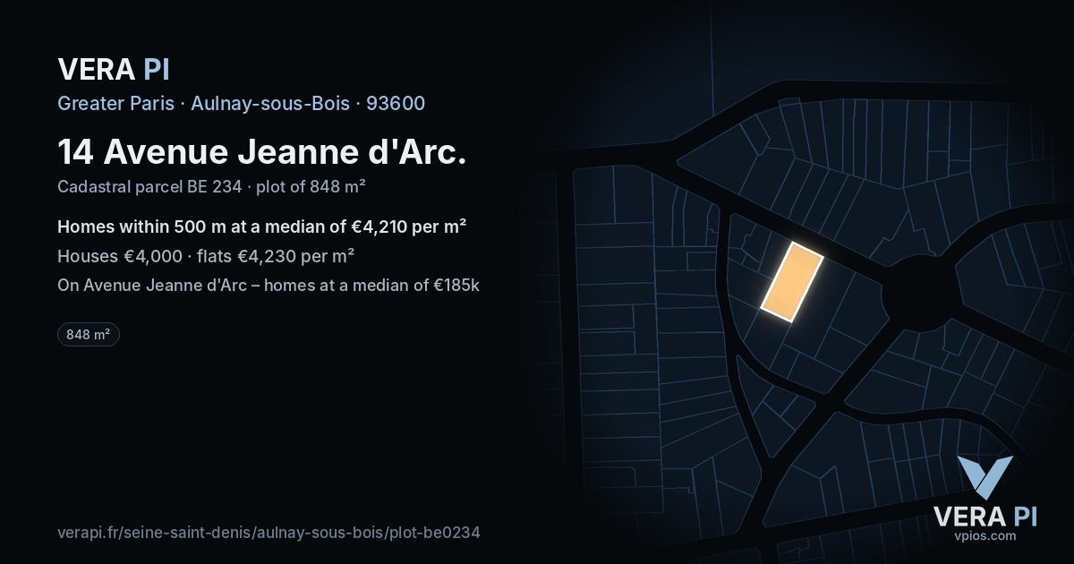 14 Avenue Jeanne d'Arc, Aulnay-sous-Bois at night – the plot lit, the parcels around coloured by the prices near them