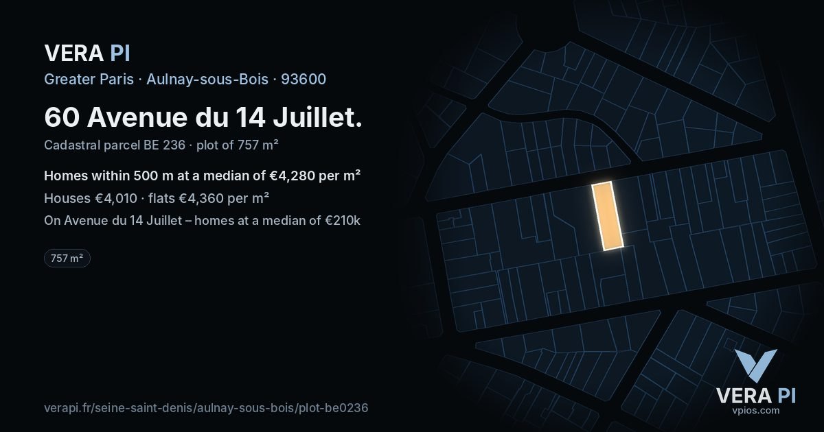 60 Avenue du 14 Juillet, Aulnay-sous-Bois at night – the plot lit, the parcels around coloured by the prices near them
