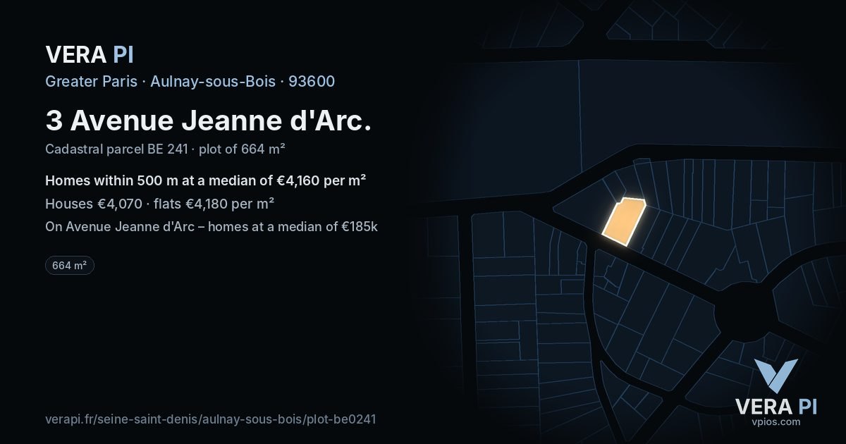 3 Avenue Jeanne d'Arc, Aulnay-sous-Bois at night – the plot lit, the parcels around coloured by the prices near them
