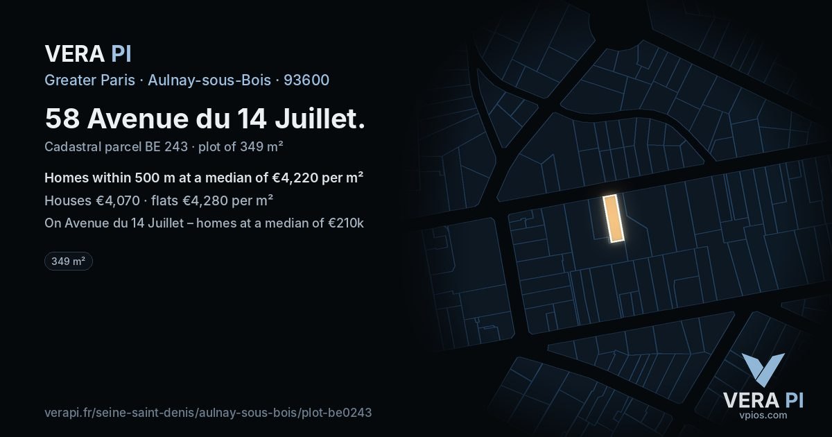 58 Avenue du 14 Juillet, Aulnay-sous-Bois at night – the plot lit, the parcels around coloured by the prices near them
