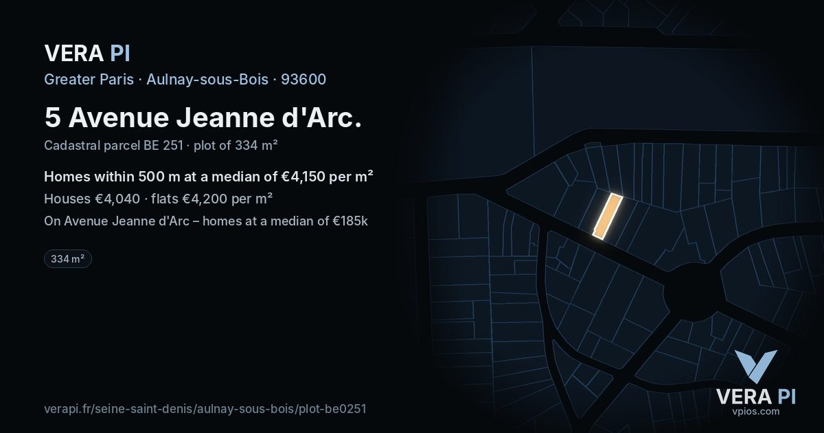 5 Avenue Jeanne d'Arc, Aulnay-sous-Bois at night – the plot lit, the parcels around coloured by the prices near them