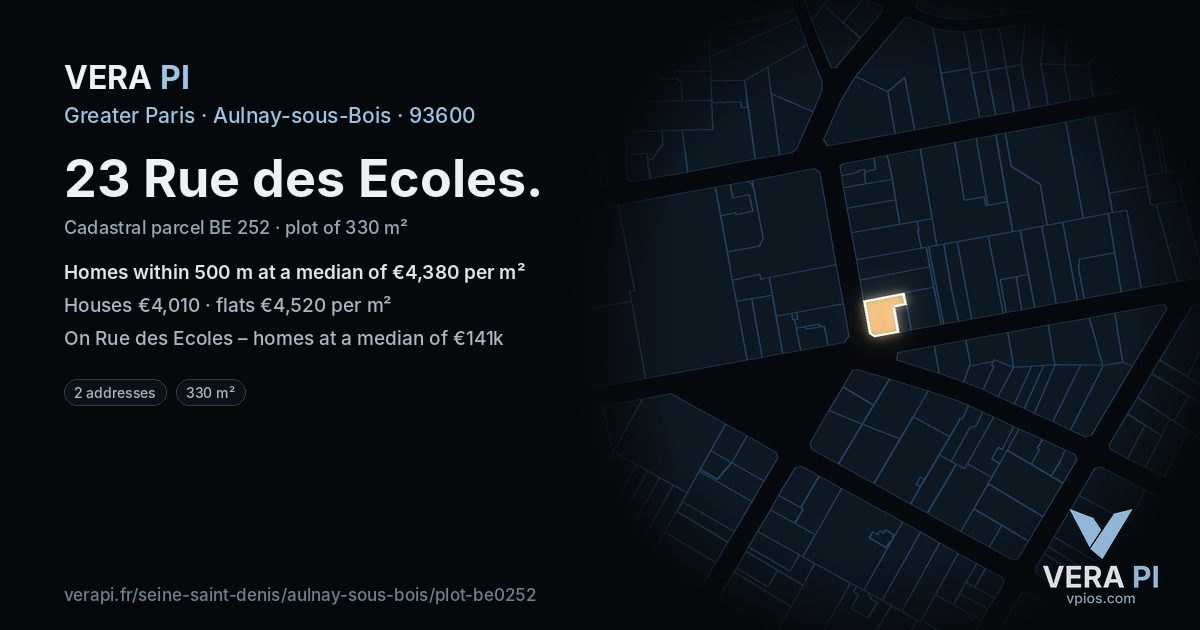 23 Rue des Ecoles, Aulnay-sous-Bois at night – the plot lit, the parcels around coloured by the prices near them
