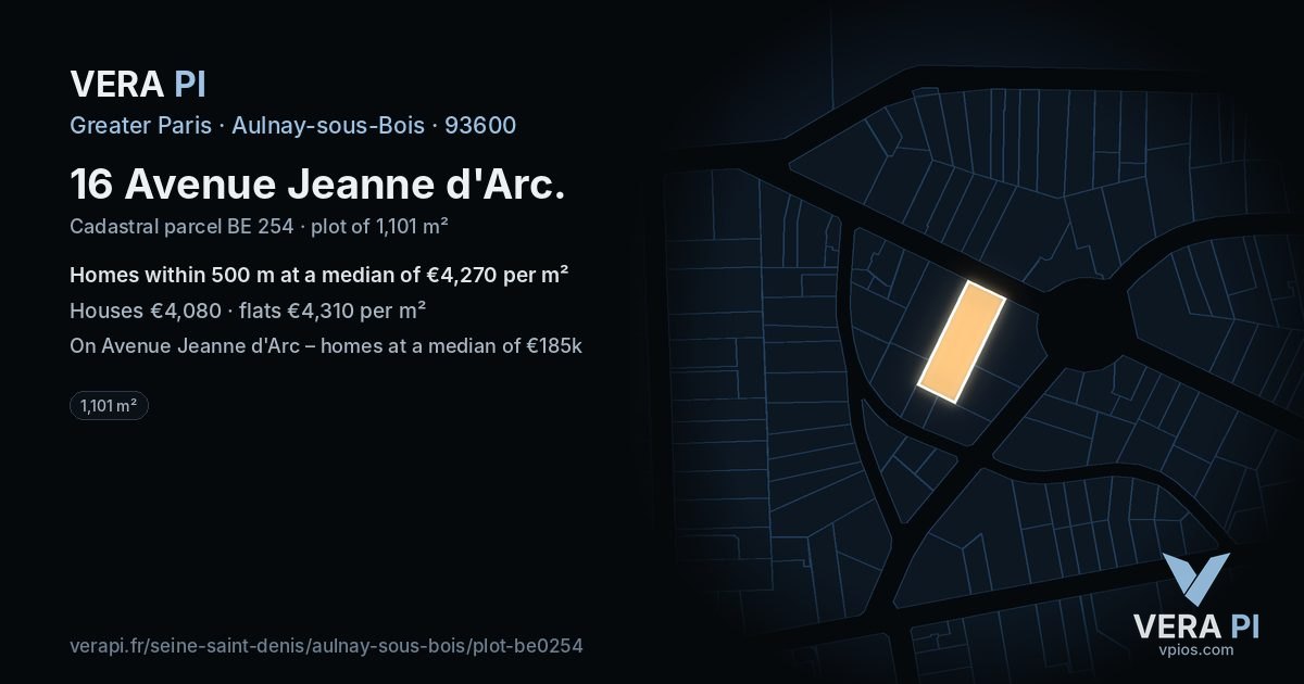 16 Avenue Jeanne d'Arc, Aulnay-sous-Bois at night – the plot lit, the parcels around coloured by the prices near them