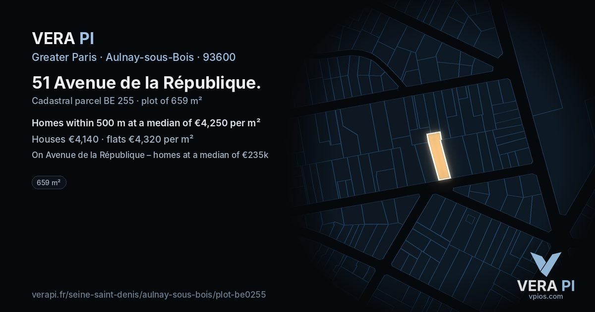 51 Avenue de la République, Aulnay-sous-Bois at night – the plot lit, the parcels around coloured by the prices near them