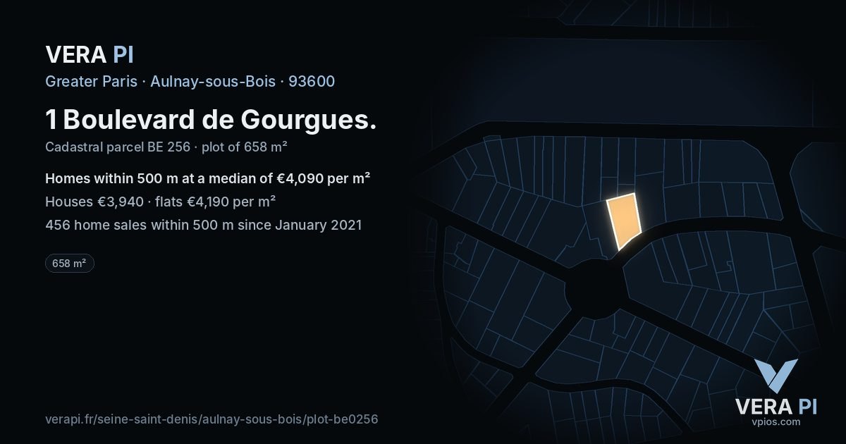 1 Boulevard de Gourgues, Aulnay-sous-Bois at night – the plot lit, the parcels around coloured by the prices near them