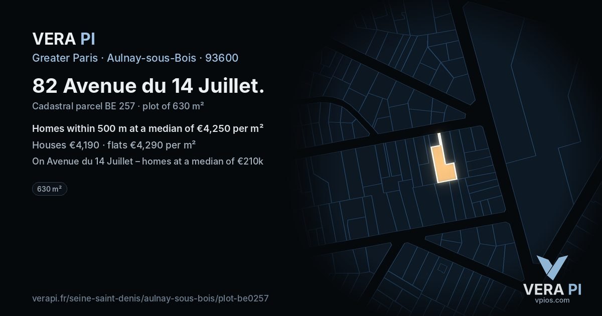 82 Avenue du 14 Juillet, Aulnay-sous-Bois at night – the plot lit, the parcels around coloured by the prices near them