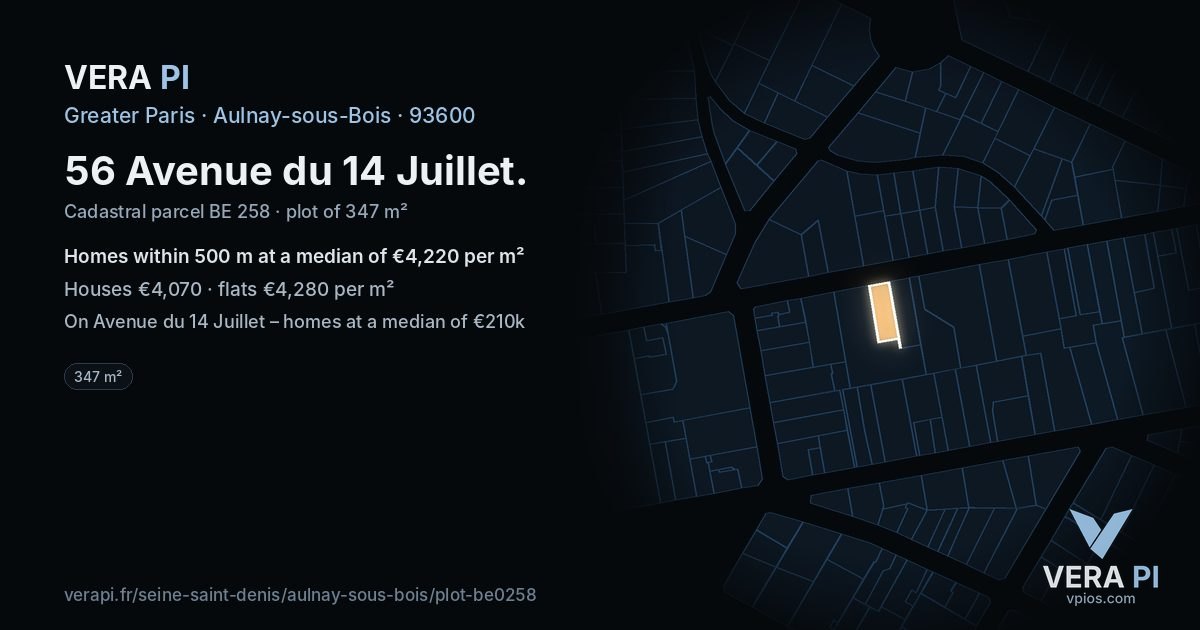 56 Avenue du 14 Juillet, Aulnay-sous-Bois at night – the plot lit, the parcels around coloured by the prices near them