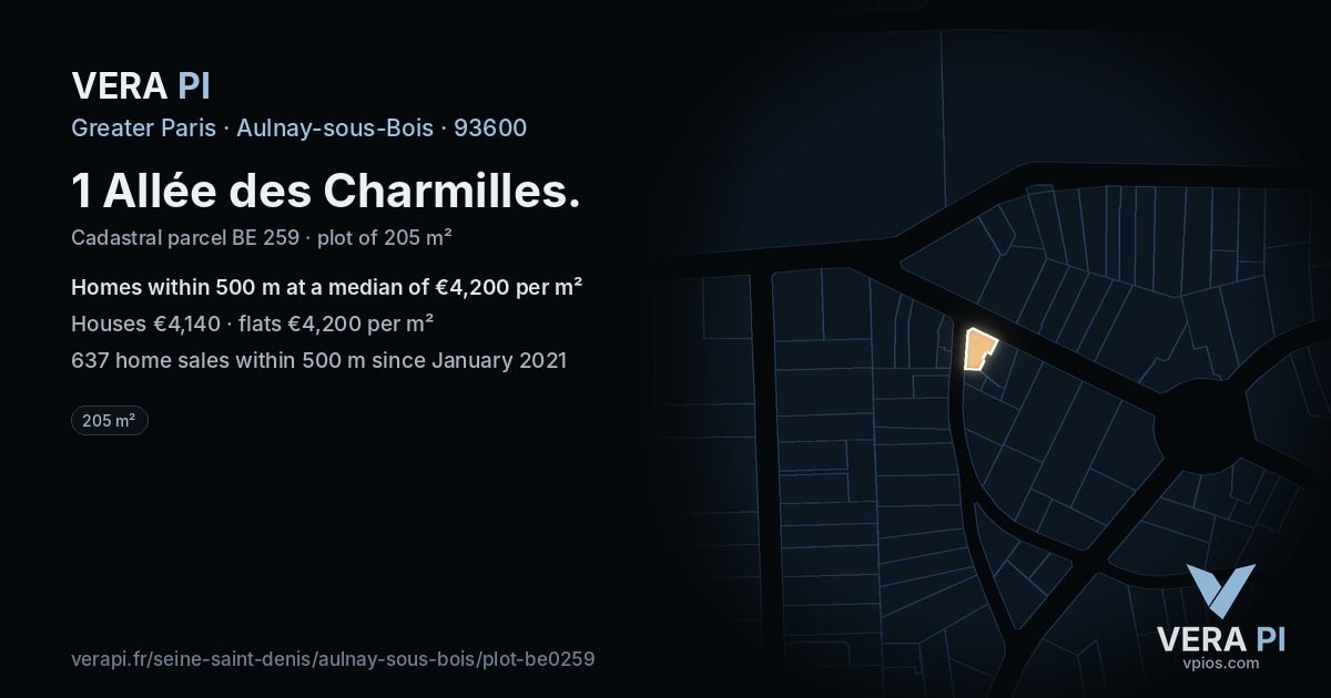 1 Allée des Charmilles, Aulnay-sous-Bois at night – the plot lit, the parcels around coloured by the prices near them