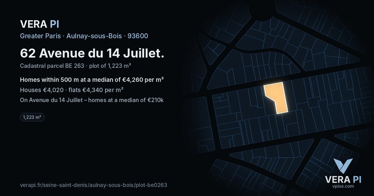 62 Avenue du 14 Juillet, Aulnay-sous-Bois at night – the plot lit, the parcels around coloured by the prices near them