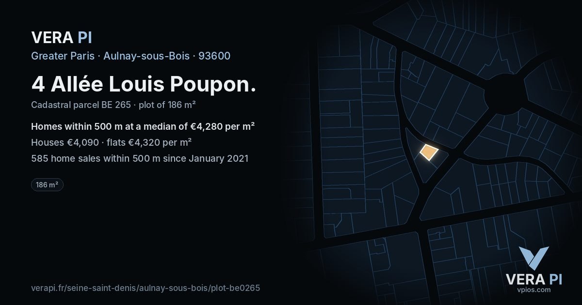4 Allée Louis Poupon, Aulnay-sous-Bois at night – the plot lit, the parcels around coloured by the prices near them