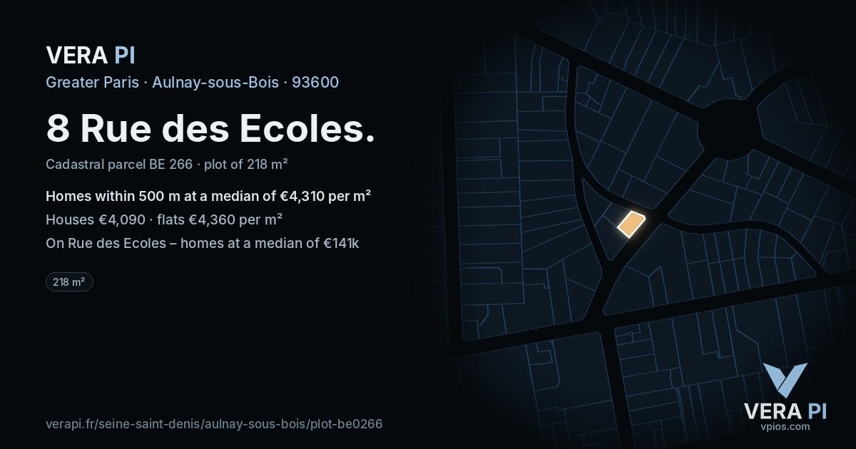 8 Rue des Ecoles, Aulnay-sous-Bois at night – the plot lit, the parcels around coloured by the prices near them