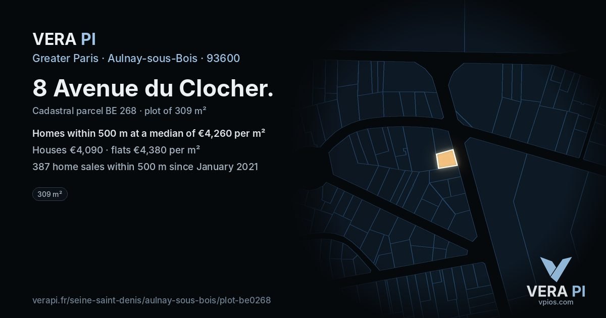 8 Avenue du Clocher, Aulnay-sous-Bois at night – the plot lit, the parcels around coloured by the prices near them