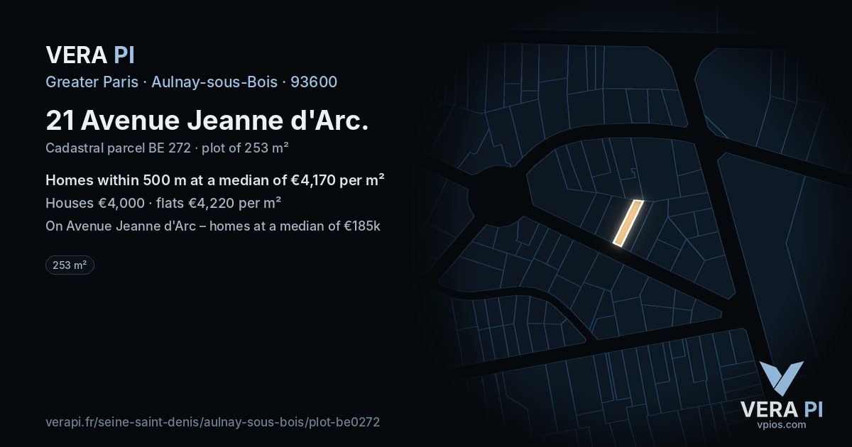 21 Avenue Jeanne d'Arc, Aulnay-sous-Bois at night – the plot lit, the parcels around coloured by the prices near them