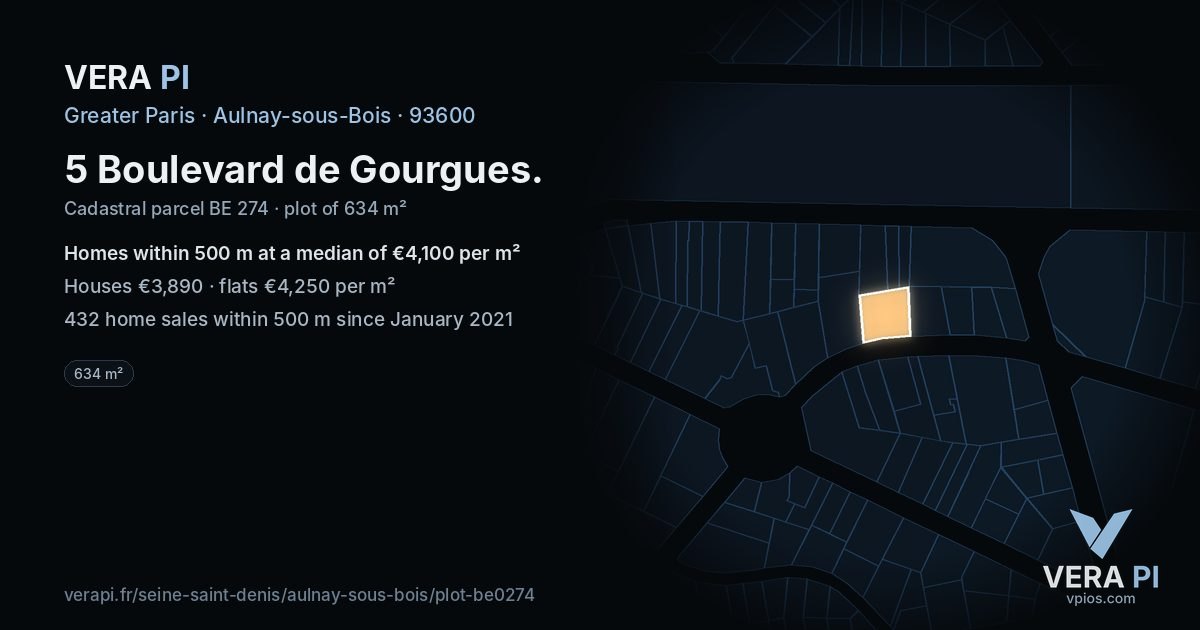 5 Boulevard de Gourgues, Aulnay-sous-Bois at night – the plot lit, the parcels around coloured by the prices near them
