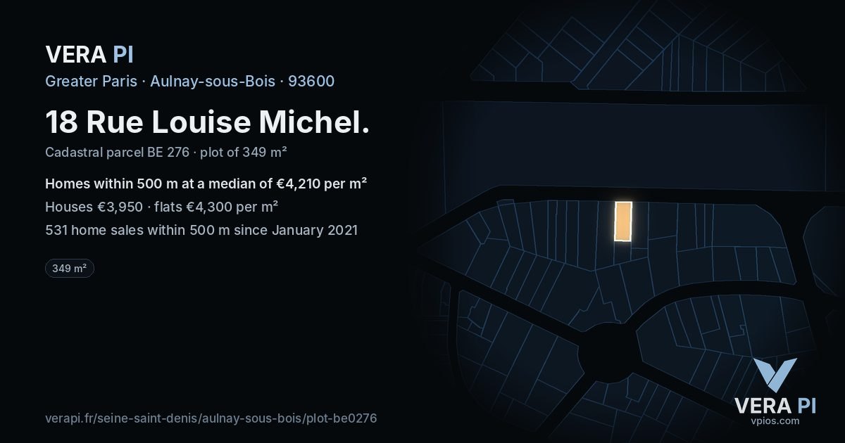 18 Rue Louise Michel, Aulnay-sous-Bois at night – the plot lit, the parcels around coloured by the prices near them