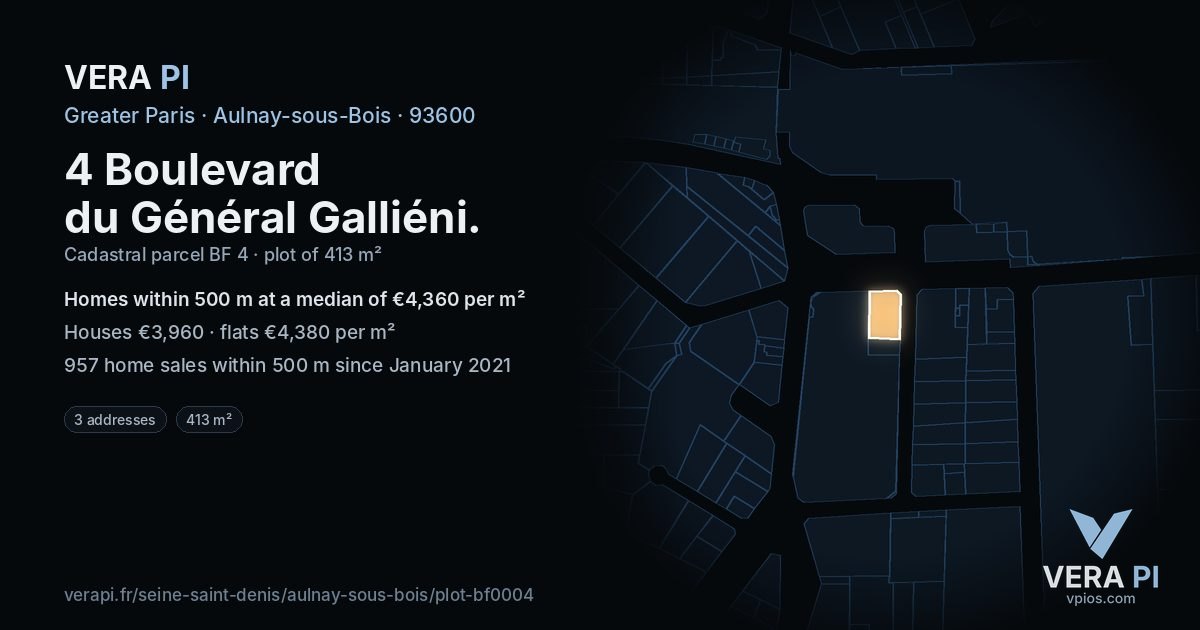 4 Boulevard du Général Galliéni, Aulnay-sous-Bois at night – the plot lit, the parcels around coloured by the prices near them