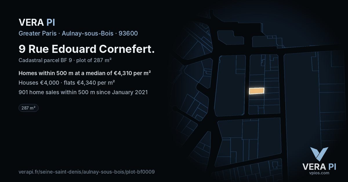 9 Rue Edouard Cornefert, Aulnay-sous-Bois at night – the plot lit, the parcels around coloured by the prices near them