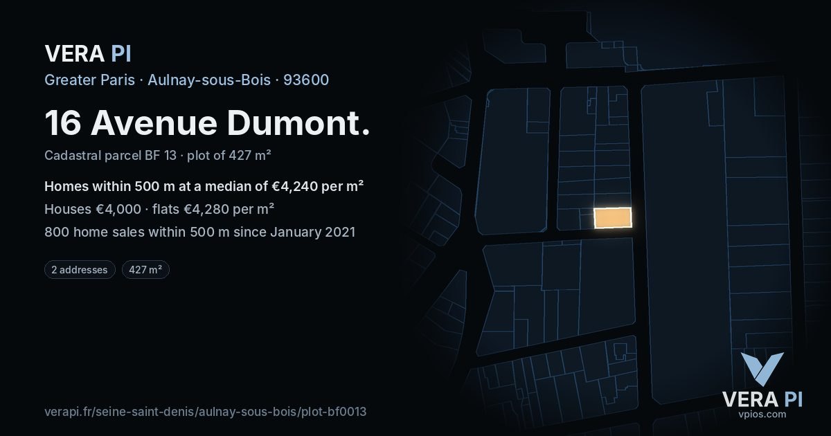 16 Avenue Dumont, Aulnay-sous-Bois at night – the plot lit, the parcels around coloured by the prices near them