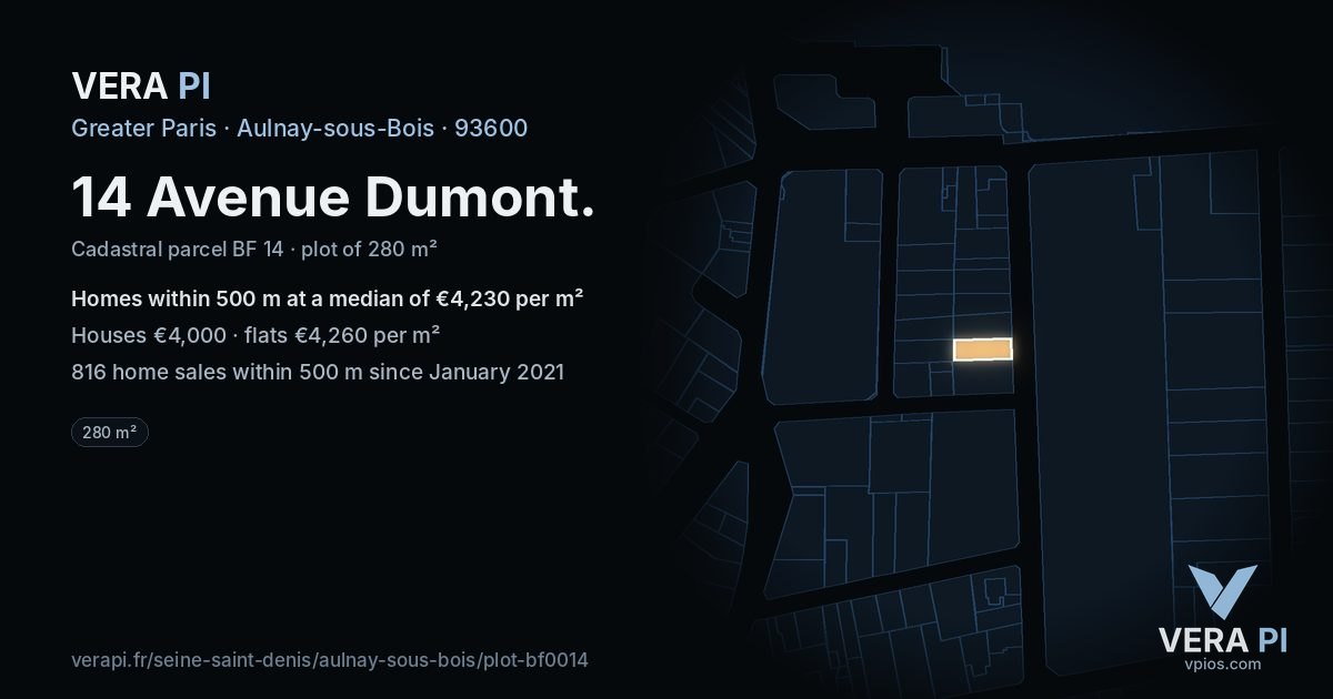 14 Avenue Dumont, Aulnay-sous-Bois at night – the plot lit, the parcels around coloured by the prices near them