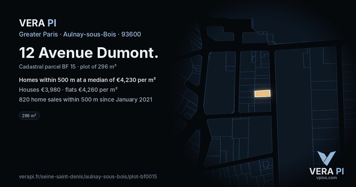 12 Avenue Dumont, Aulnay-sous-Bois at night – the plot lit, the parcels around coloured by the prices near them