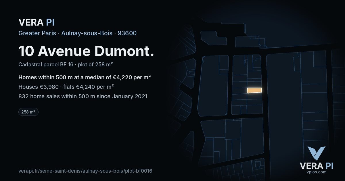 10 Avenue Dumont, Aulnay-sous-Bois at night – the plot lit, the parcels around coloured by the prices near them