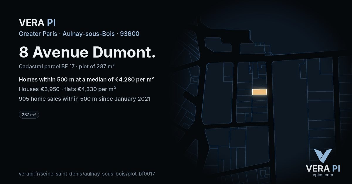 8 Avenue Dumont, Aulnay-sous-Bois at night – the plot lit, the parcels around coloured by the prices near them