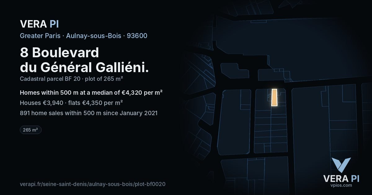 8 Boulevard du Général Galliéni, Aulnay-sous-Bois at night – the plot lit, the parcels around coloured by the prices near them