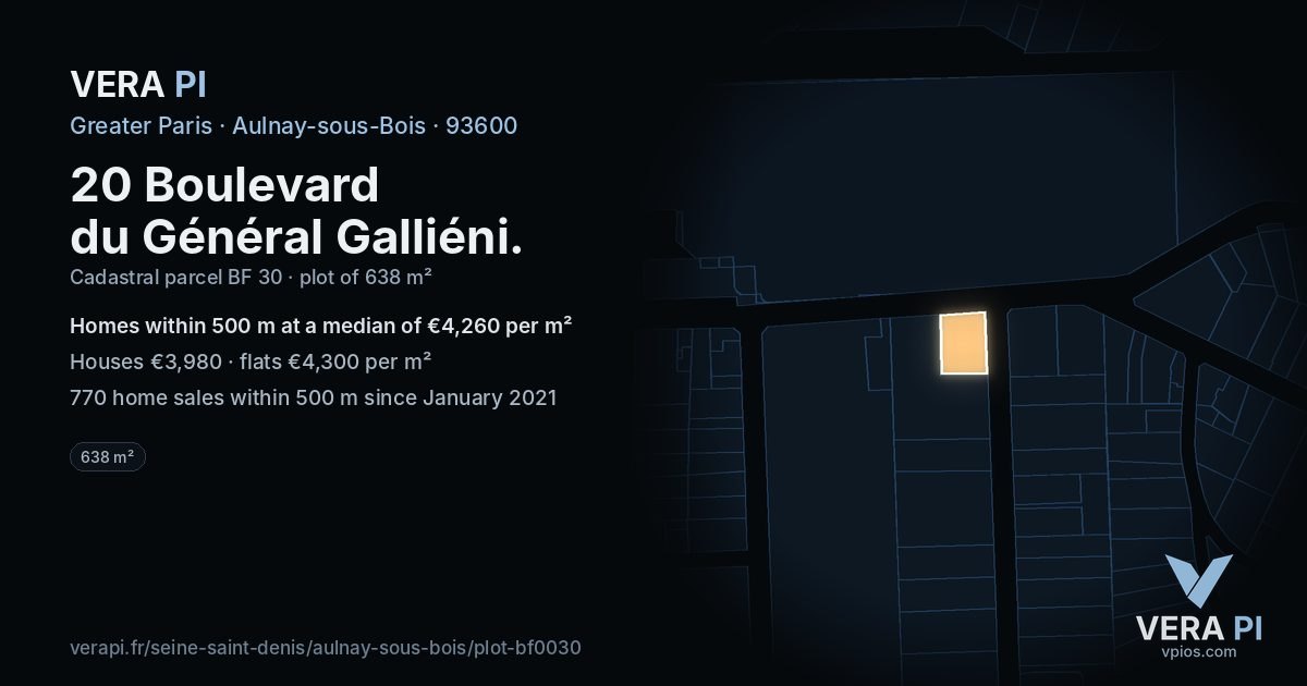 20 Boulevard du Général Galliéni, Aulnay-sous-Bois at night – the plot lit, the parcels around coloured by the prices near them