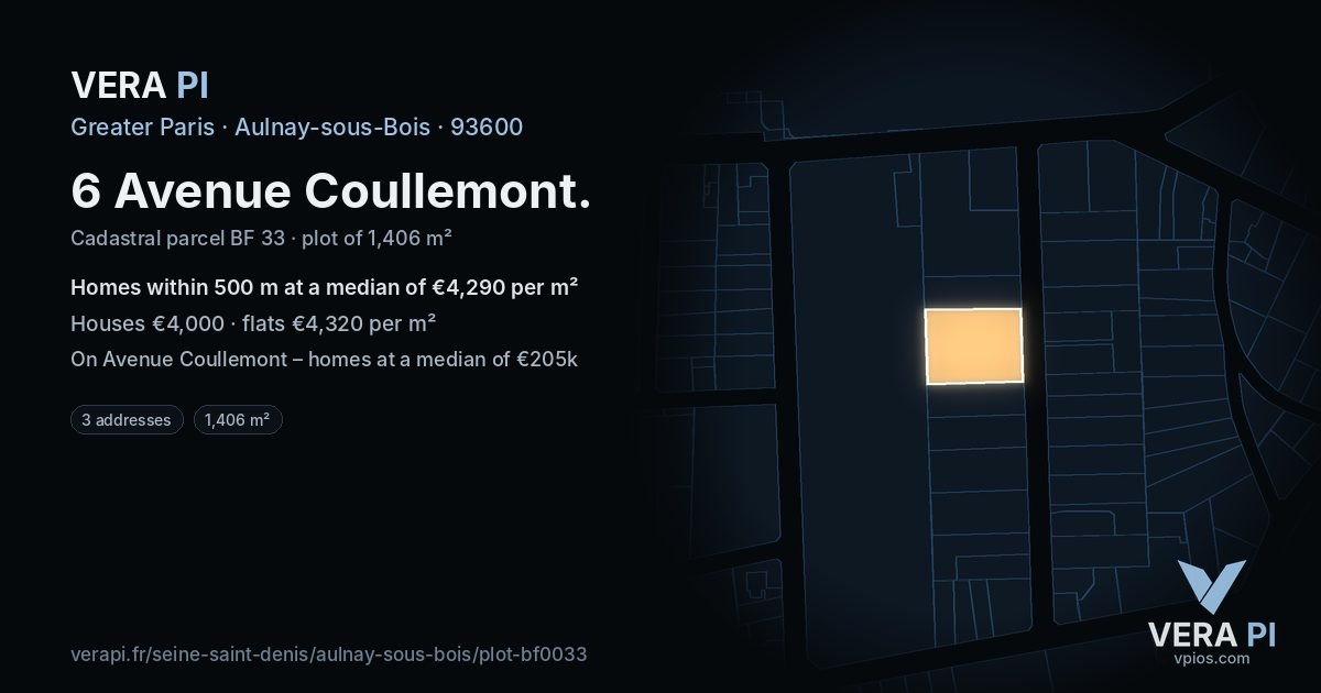 6 Avenue Coullemont, Aulnay-sous-Bois at night – the plot lit, the parcels around coloured by the prices near them
