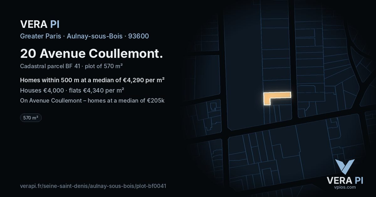 20 Avenue Coullemont, Aulnay-sous-Bois at night – the plot lit, the parcels around coloured by the prices near them