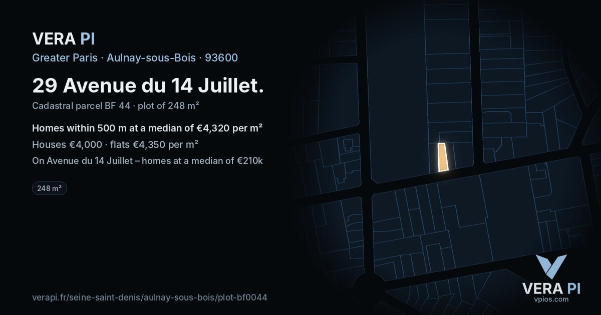 29 Avenue du 14 Juillet, Aulnay-sous-Bois at night – the plot lit, the parcels around coloured by the prices near them