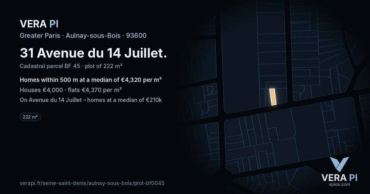 31 Avenue du 14 Juillet, Aulnay-sous-Bois at night – the plot lit, the parcels around coloured by the prices near them