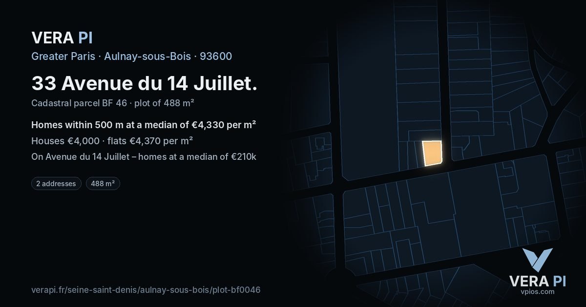 33 Avenue du 14 Juillet, Aulnay-sous-Bois at night – the plot lit, the parcels around coloured by the prices near them